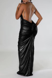 Black Sexy Solid Patchwork Backless Fold Halter One Step Skirt Dresses