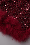 Burgundy Sexy Solid Sequins Patchwork Backless U Neck Sleeveless Dress Dresses