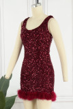 Burgundy Sexy Solid Sequins Patchwork Backless U Neck Sleeveless Dress Dresses