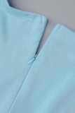 Baby Blue Casual Solid Basic V Neck Plus Size Jumpsuits (Without Belt)