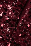 Burgundy Sexy Solid Sequins Patchwork Backless U Neck Sleeveless Dress Dresses