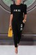 Black Casual Print Letter O Neck Short Sleeve Two Pieces