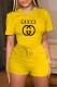 Yellow Casual Print Letter O Neck Short Sleeve Two Pieces