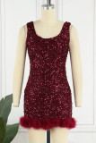 Burgundy Sexy Solid Sequins Patchwork Backless U Neck Sleeveless Dress Dresses