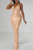 Champagne Sexy Solid Patchwork Backless Fold Halter One Step Skirt Dresses