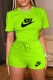 Fluorescent Green Casual Print Letter O Neck Short Sleeve Two Pieces