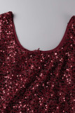 Burgundy Sexy Solid Sequins Patchwork Backless U Neck Sleeveless Dress Dresses