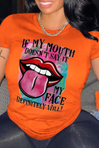 Orange Fashion Street Lips Printed Patchwork Letter O Neck T-Shirts