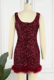 Burgundy Sexy Solid Sequins Patchwork Backless U Neck Sleeveless Dress Dresses