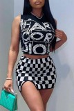 Black Sexy Letter Plaid Print Basic O Neck Sleeveless Two Pieces