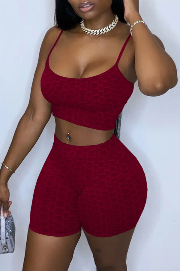 Burgundy Sexy Casual Solid Backless Spaghetti Strap Sleeveless Two Pieces