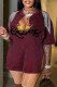 Burgundy Casual Print Tassel Patchwork V Neck T-Shirts