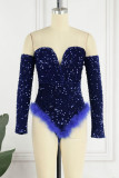 Blue Sexy Solid Sequins Patchwork Feathers Off the Shoulder Skinny Bodysuits