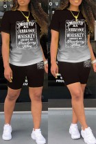 Black Casual Gradual Change Letter Print Basic O Neck Short Sleeve Two Pieces