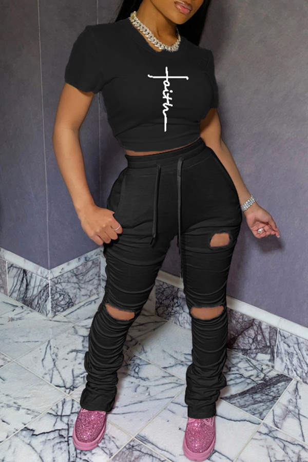 Black Casual Print Basic O Neck Short Sleeve Two Pieces