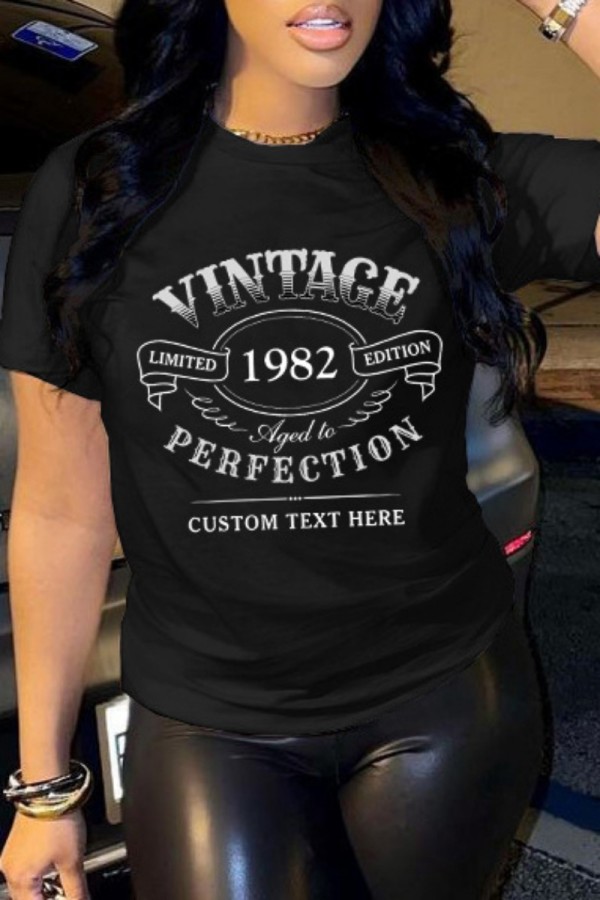 Black Casual Letter Print Basic O Neck T-Shirts