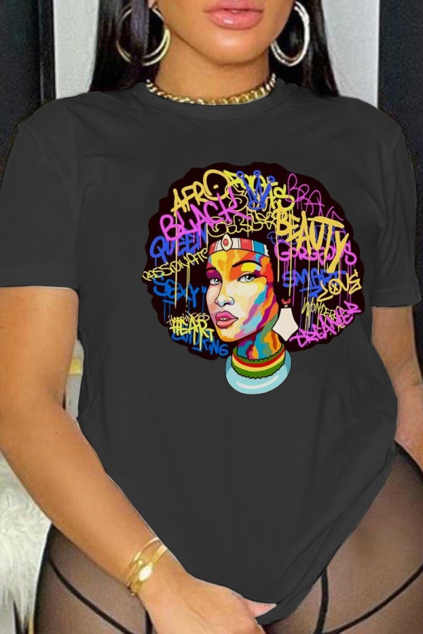 Black Casual Print Basic O Neck T-Shirts