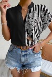 Green Casual Print Patchwork V Neck Tops