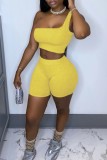Yellow Sexy Casual Solid Backless One Shoulder Sleeveless Two Pieces