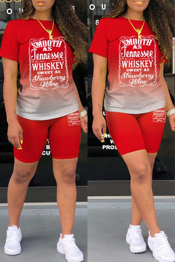 Red Casual Gradual Change Letter Print Basic O Neck Short Sleeve Two Pieces