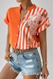 Tangerine Red Casual Print Patchwork V Neck Tops
