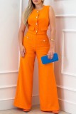 Orange Casual Solid Basic O Neck Two Pieces