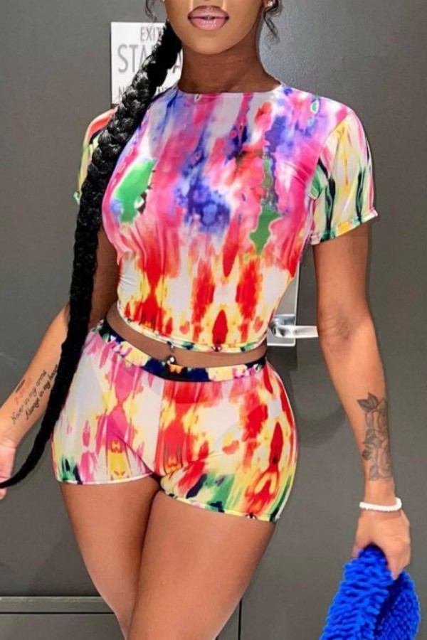 Red Casual Print Basic O Neck Short Sleeve Two Pieces