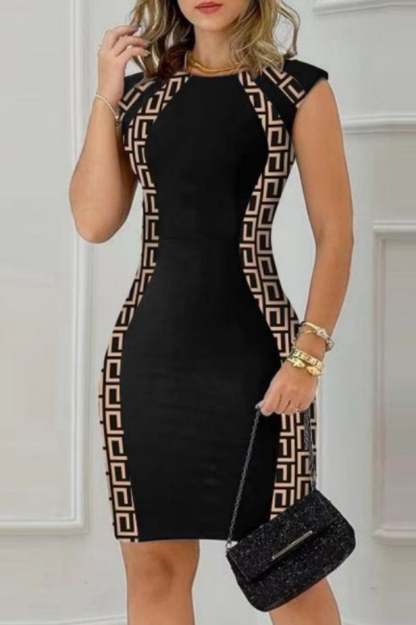 Black khaki Casual Print Patchwork Contrast O Neck Sleeveless Dress Dresses