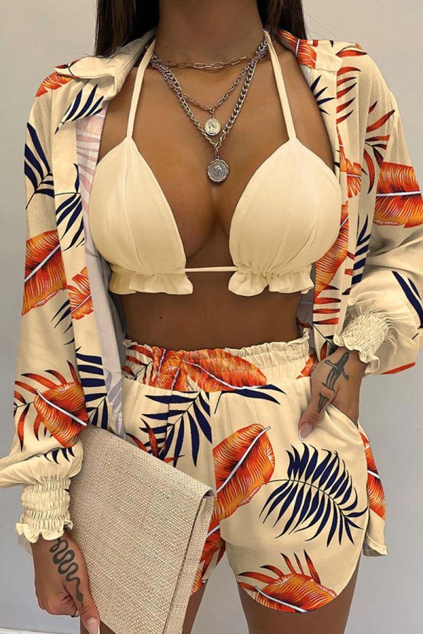 Apricot Sexy Casual Print Solid Basic Long Sleeve Three Piece Set