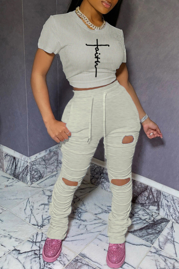 Cream White Casual Print Basic O Neck Short Sleeve Two Pieces