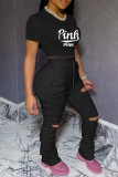 Black Casual Letter Print Ripped Fold O Neck Short Sleeve Two Pieces
