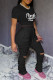 Black Casual Letter Print Ripped Fold O Neck Short Sleeve Two Pieces