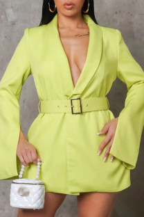 Yellow Casual Solid Slit With Belt V Neck Long Sleeve Dresses