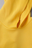 Yellow Casual Solid Bandage Patchwork Backless Hooded Collar Short Sleeve Two Pieces