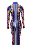 Colour Casual Print Slit V Neck Long Sleeve Dresses