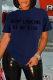 Navy Blue Street Print Letter O Neck T-Shirts