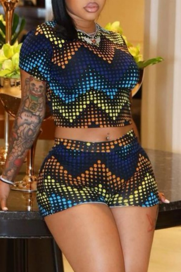 Black Casual Print Basic O Neck Short Sleeve Two Pieces