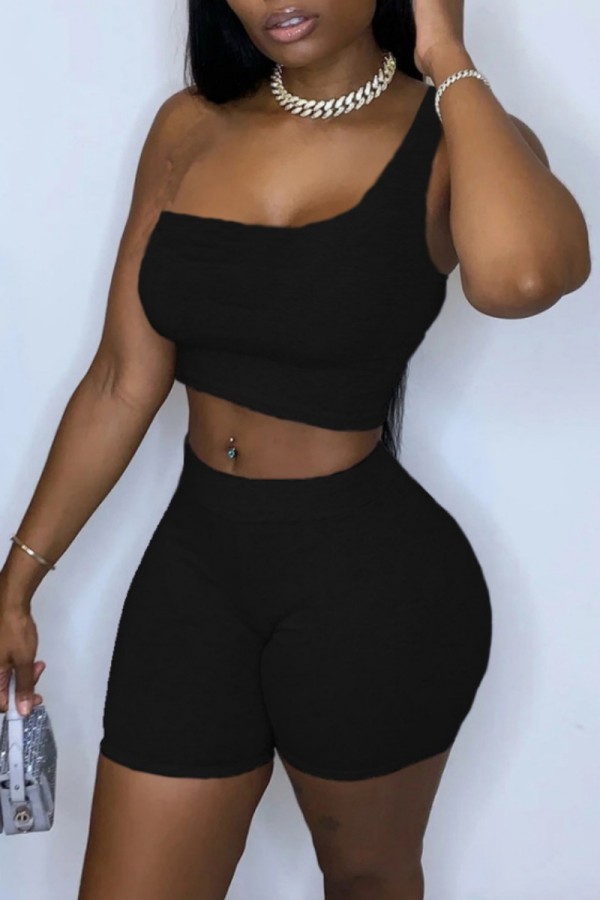 Black Sexy Casual Solid Backless One Shoulder Sleeveless Two Pieces