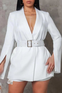White Casual Solid Slit With Belt V Neck Long Sleeve Dresses
