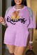 Purple Casual Print Tassel Patchwork V Neck T-Shirts