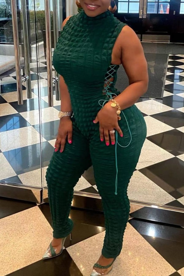 Ink Green Casual Solid Bandage Turtleneck Skinny Jumpsuits