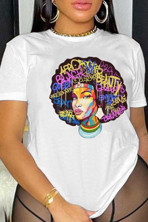 White Casual Print Basic O Neck T-Shirts