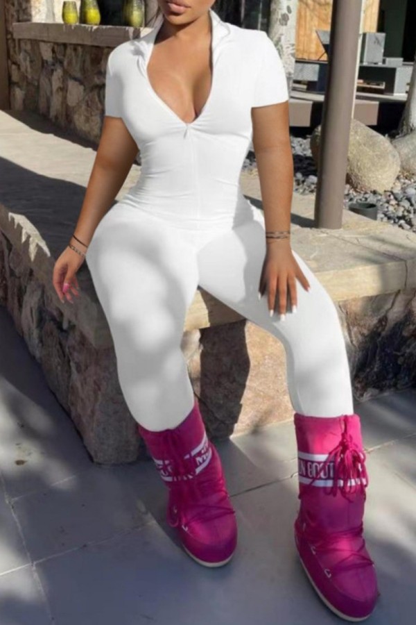 White Casual Solid Basic Zipper Collar Skinny Jumpsuits