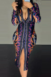 Colour Casual Print Slit V Neck Long Sleeve Dresses