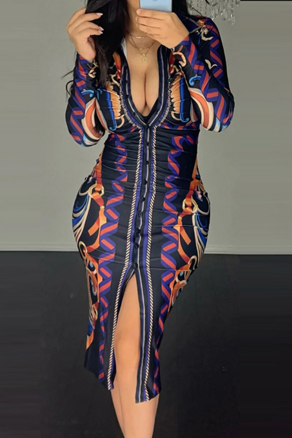 Colour Casual Print Slit V Neck Long Sleeve Dresses