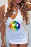 White Sexy Casual Lips Printed Basic U Neck Vest Dress Dresses