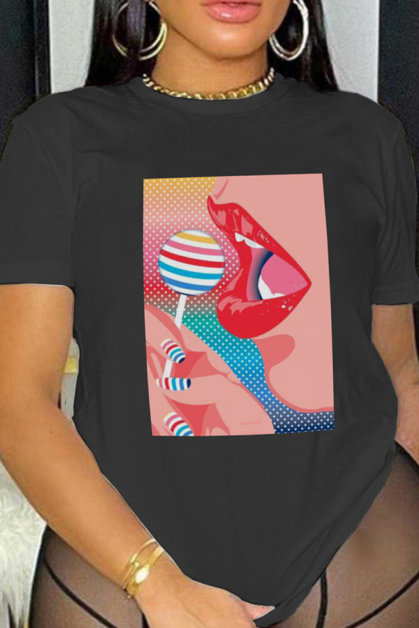 Black Casual Print Basic O Neck T-Shirts