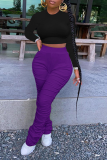 Purple Street Solid Fold Boot Cut High Waist Speaker Solid Color Bottoms