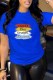 Blue Casual Print Letter O Neck T-Shirts