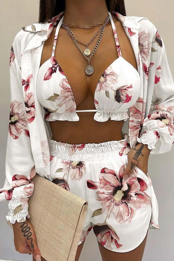 White Pink Sexy Casual Print Solid Basic Long Sleeve Three Piece Set